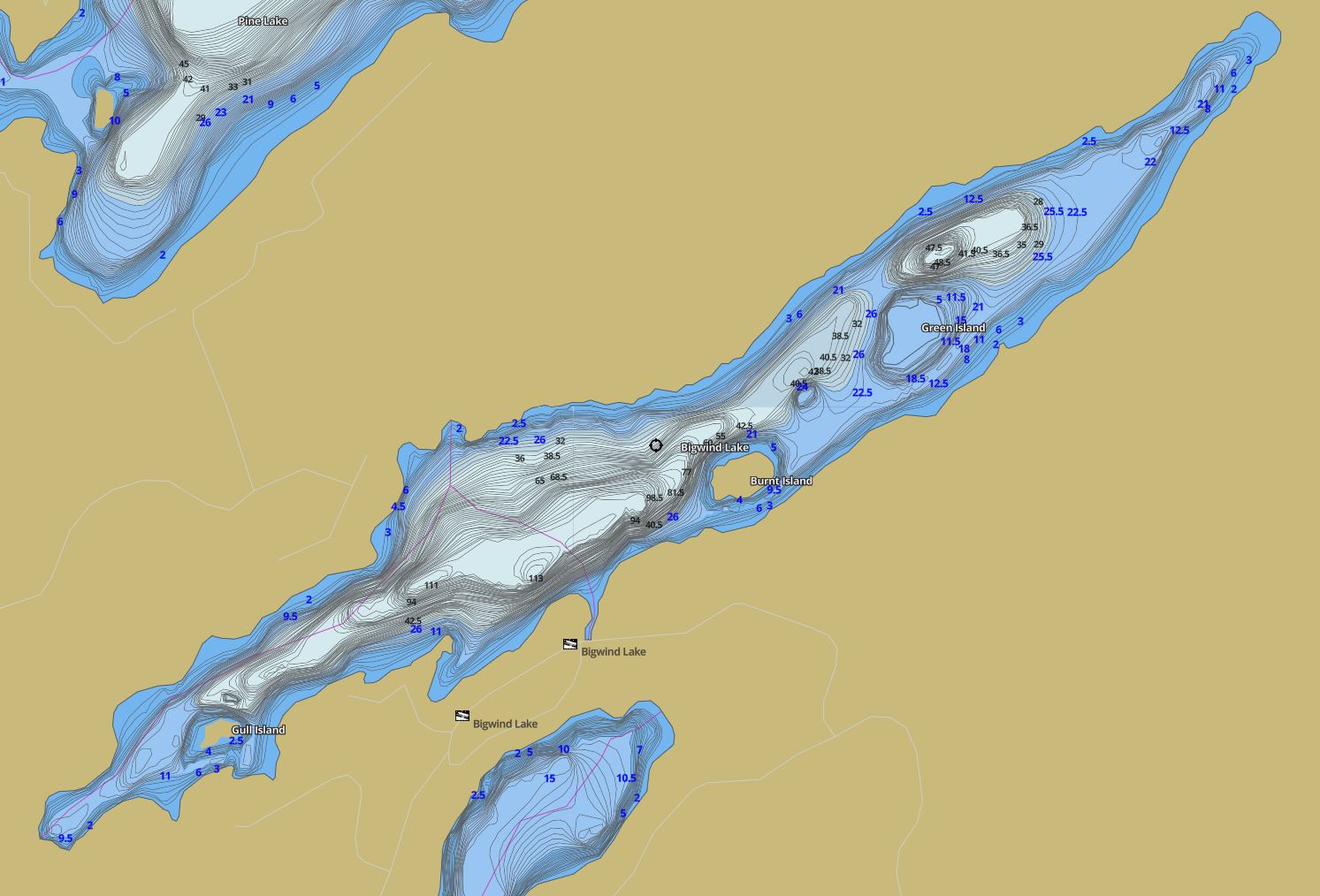 Contour Map of Bigwind Lake in Municipality of Bracebridge and the District of Muskoka